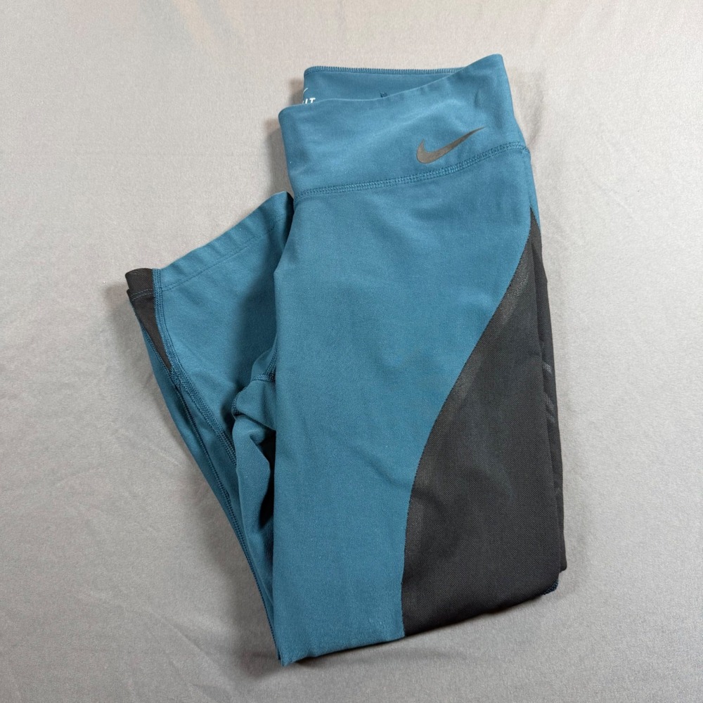 Nike Dri-FIT Legend Ten One Teal Black Mesh Panel Crop Leggings Womens Medium